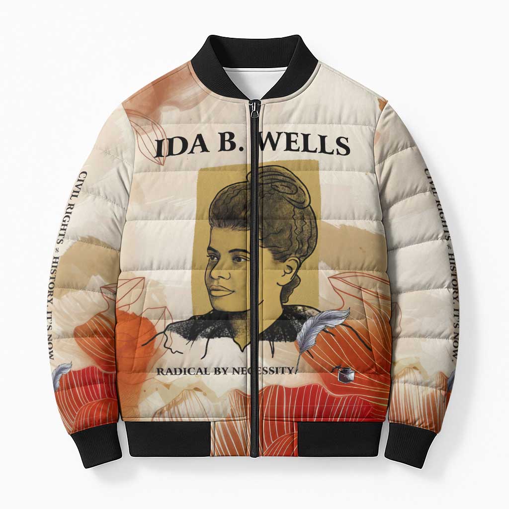 Ida B. Wells Bomber Puffer Jacket with Floral Pen Design Illustrated Portrait Civil Rights and Journalism Tribute - Wonder Print Shop