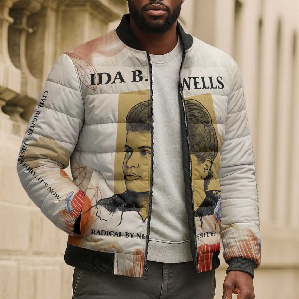 Ida B. Wells Bomber Puffer Jacket with Floral Pen Design Illustrated Portrait Civil Rights and Journalism Tribute - Wonder Print Shop