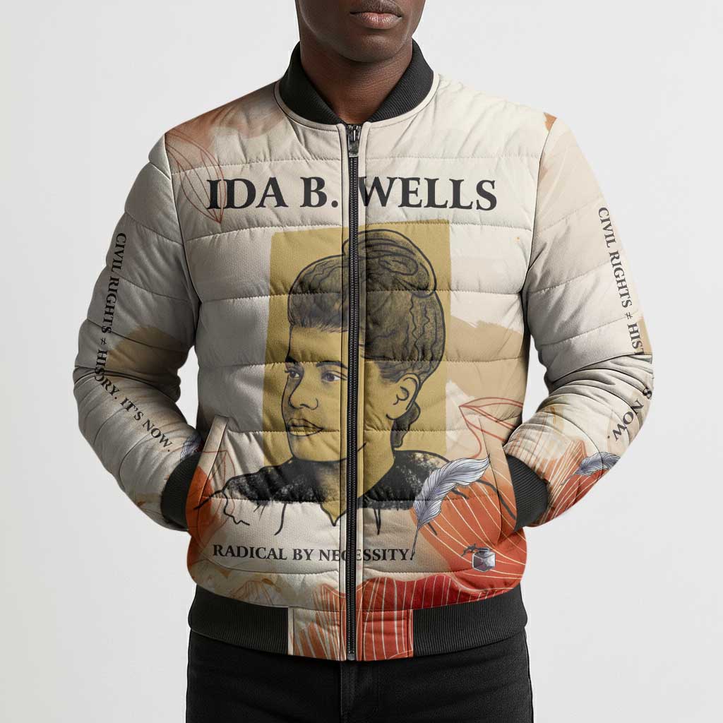 Ida B. Wells Bomber Puffer Jacket with Floral Pen Design Illustrated Portrait Civil Rights and Journalism Tribute - Wonder Print Shop