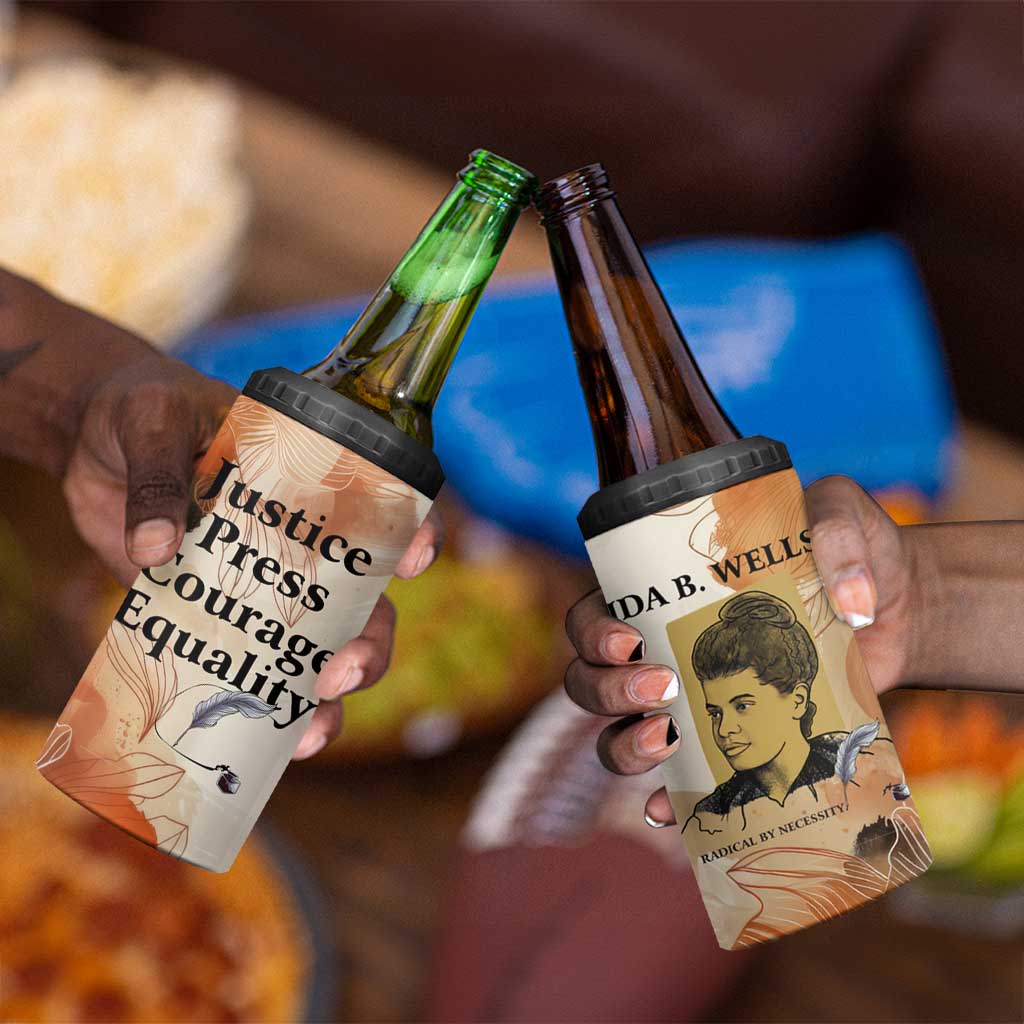 Ida B. Wells 4 in 1 Can Cooler Tumbler with Floral Pen Design Illustrated Portrait Civil Rights and Journalism Tribute - Wonder Print Shop