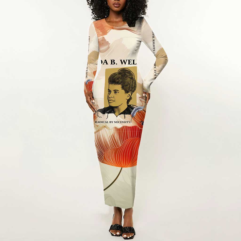 Ida B. Wells Long Sleeve Bodycon Dress with Floral Pen Design Illustrated Portrait Civil Rights and Journalism Tribute - Wonder Print Shop