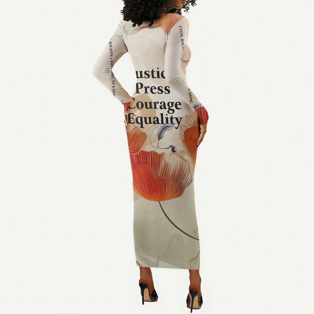 Ida B. Wells Long Sleeve Bodycon Dress with Floral Pen Design Illustrated Portrait Civil Rights and Journalism Tribute - Wonder Print Shop
