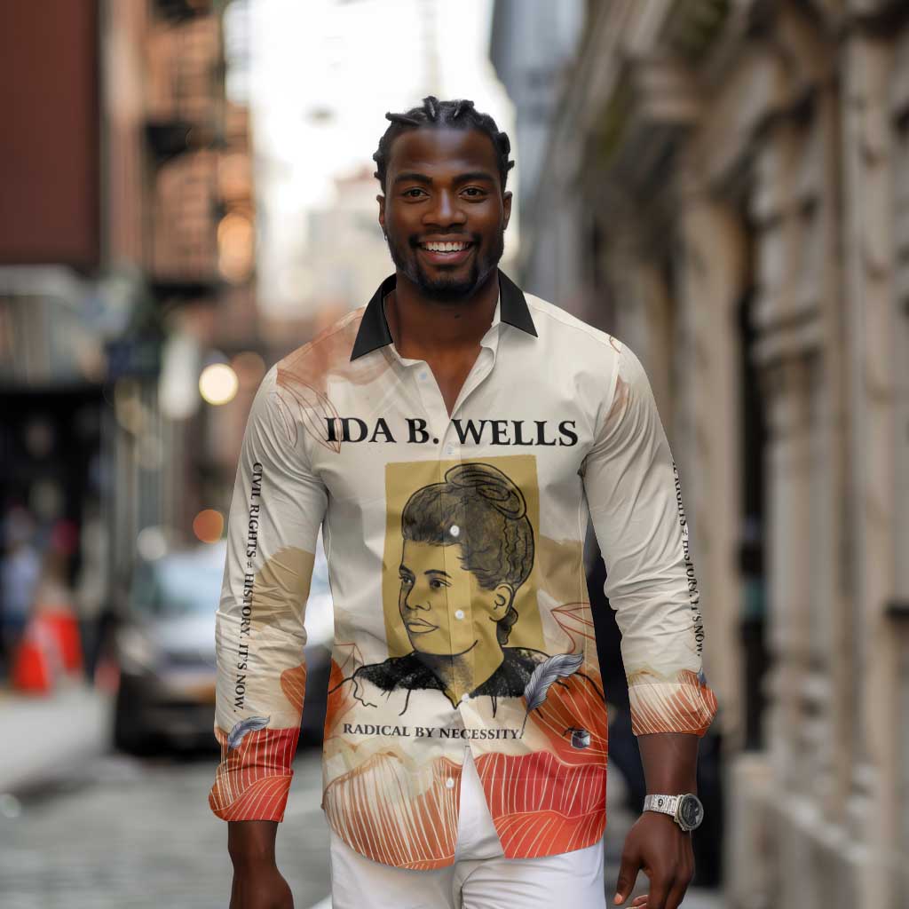 Ida B. Wells Long Sleeve Button Shirt with Floral Pen Design Illustrated Portrait Civil Rights and Journalism Tribute - Wonder Print Shop