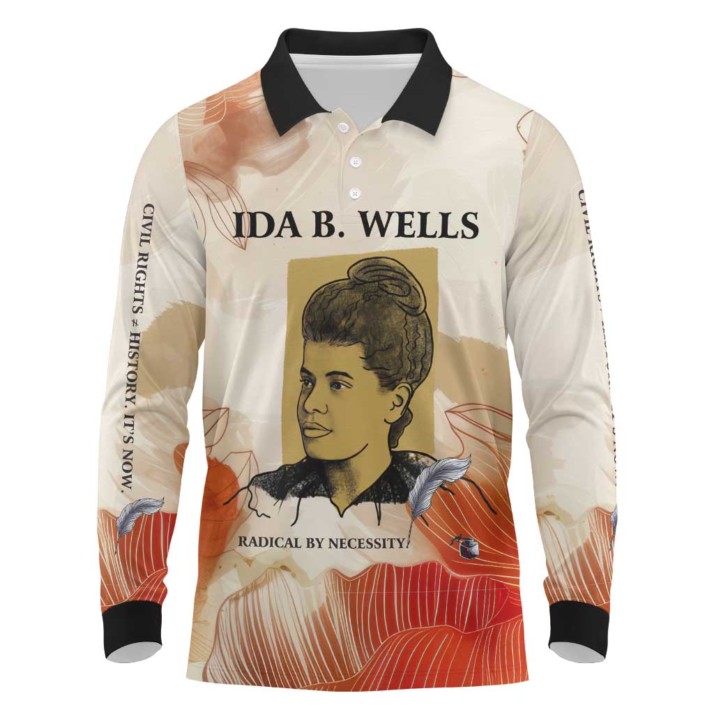 Ida B. Wells Long Sleeve Polo Shirt with Floral Pen Design Illustrated Portrait Civil Rights and Journalism Tribute - Wonder Print Shop