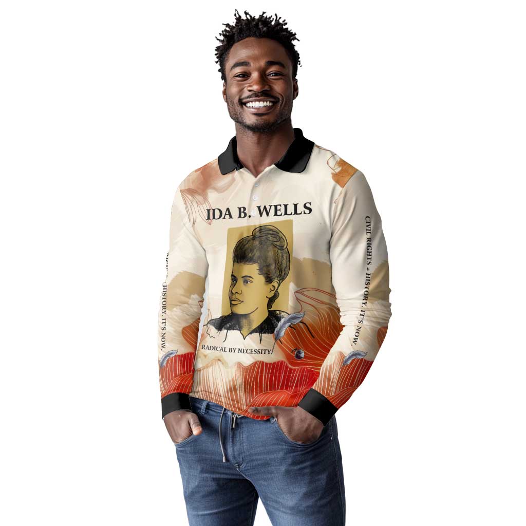 Ida B. Wells Long Sleeve Polo Shirt with Floral Pen Design Illustrated Portrait Civil Rights and Journalism Tribute - Wonder Print Shop