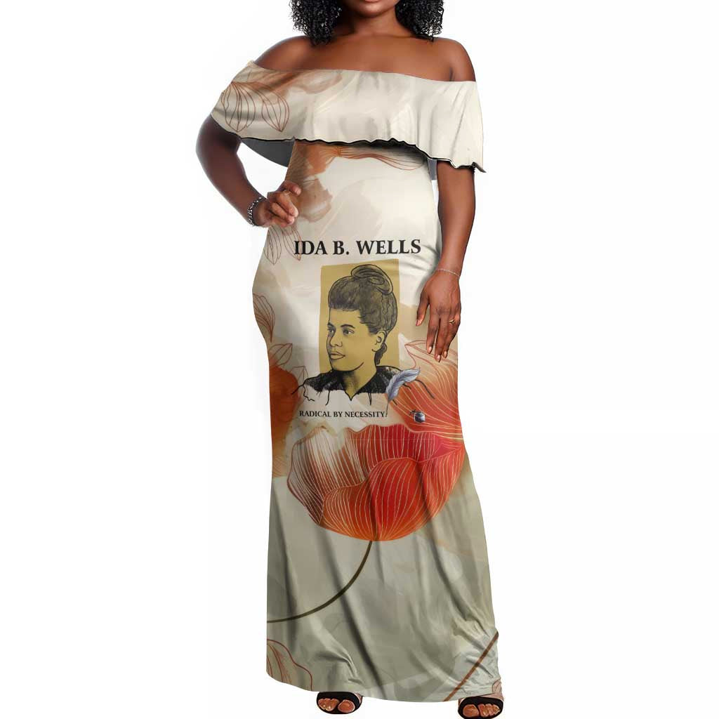 Ida B. Wells Off Shoulder Maxi Dress with Floral Pen Design Illustrated Portrait Civil Rights and Journalism Tribute - Wonder Print Shop