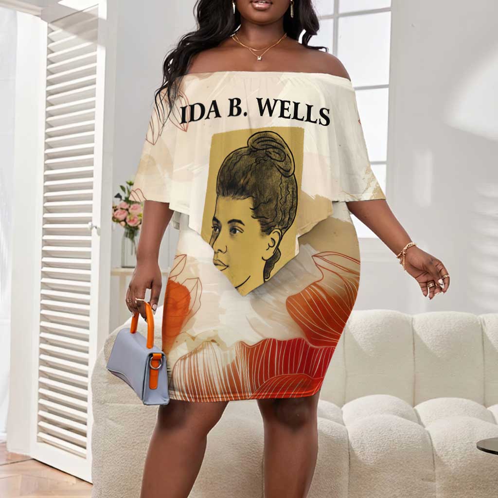 Ida B. Wells Off Shoulder Short Dress with Floral Pen Design Illustrated Portrait Civil Rights and Journalism Tribute - Wonder Print Shop