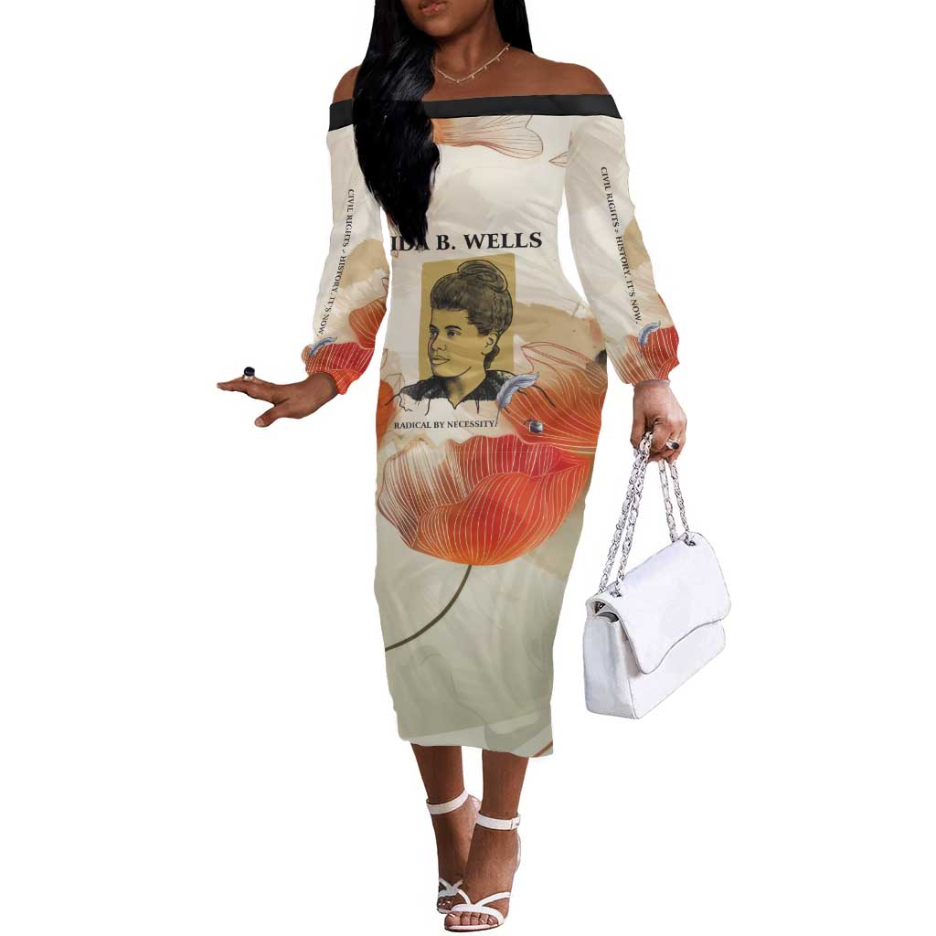 Ida B. Wells Off The Shoulder Long Sleeve Dress with Floral Pen Design Illustrated Portrait Civil Rights and Journalism Tribute - Wonder Print Shop