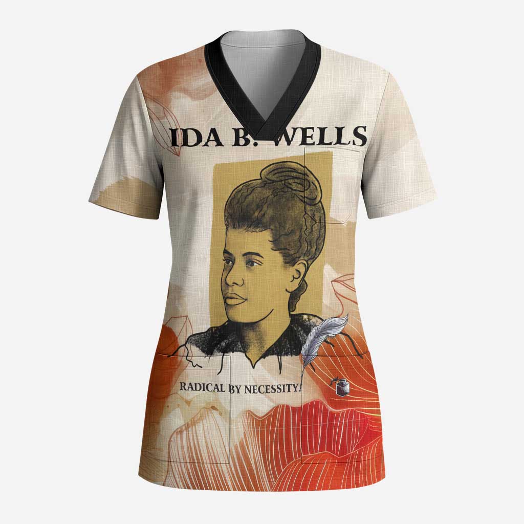 Ida B. Wells Scrub Top with Floral Pen Design Illustrated Portrait Civil Rights and Journalism Tribute - Wonder Print Shop