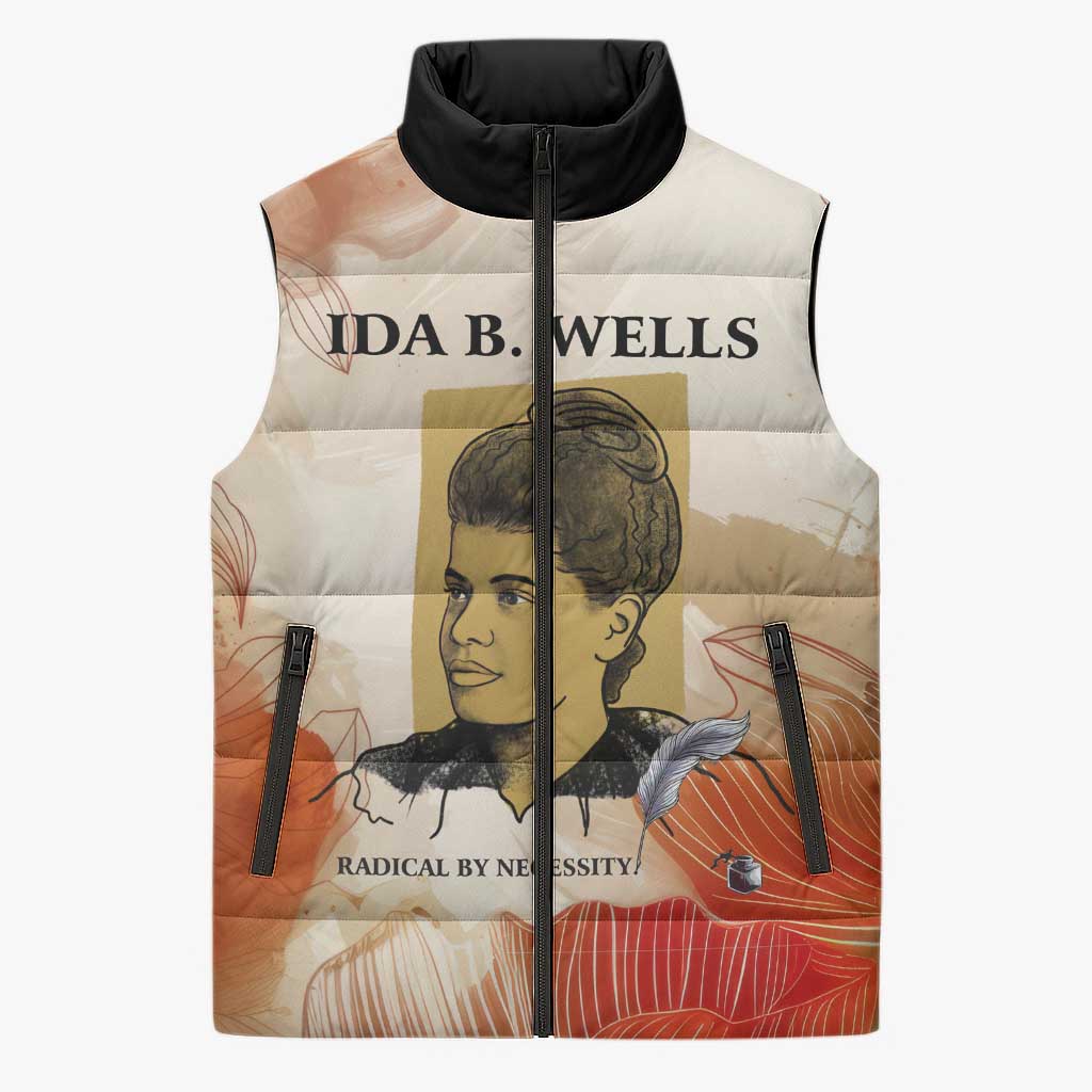 Ida B. Wells Sleeveless Puffer Jacket with Floral Pen Design Illustrated Portrait Civil Rights and Journalism Tribute - Wonder Print Shop