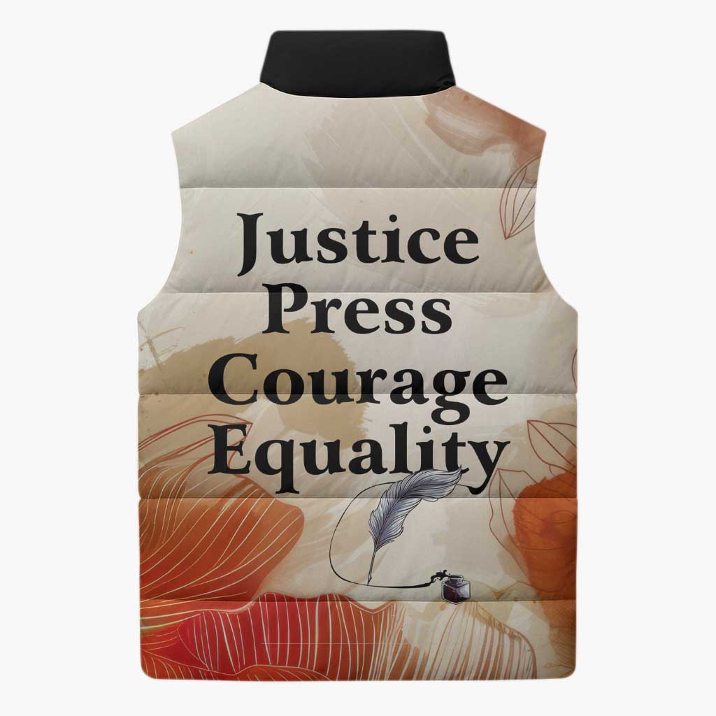 Ida B. Wells Sleeveless Puffer Jacket with Floral Pen Design Illustrated Portrait Civil Rights and Journalism Tribute - Wonder Print Shop