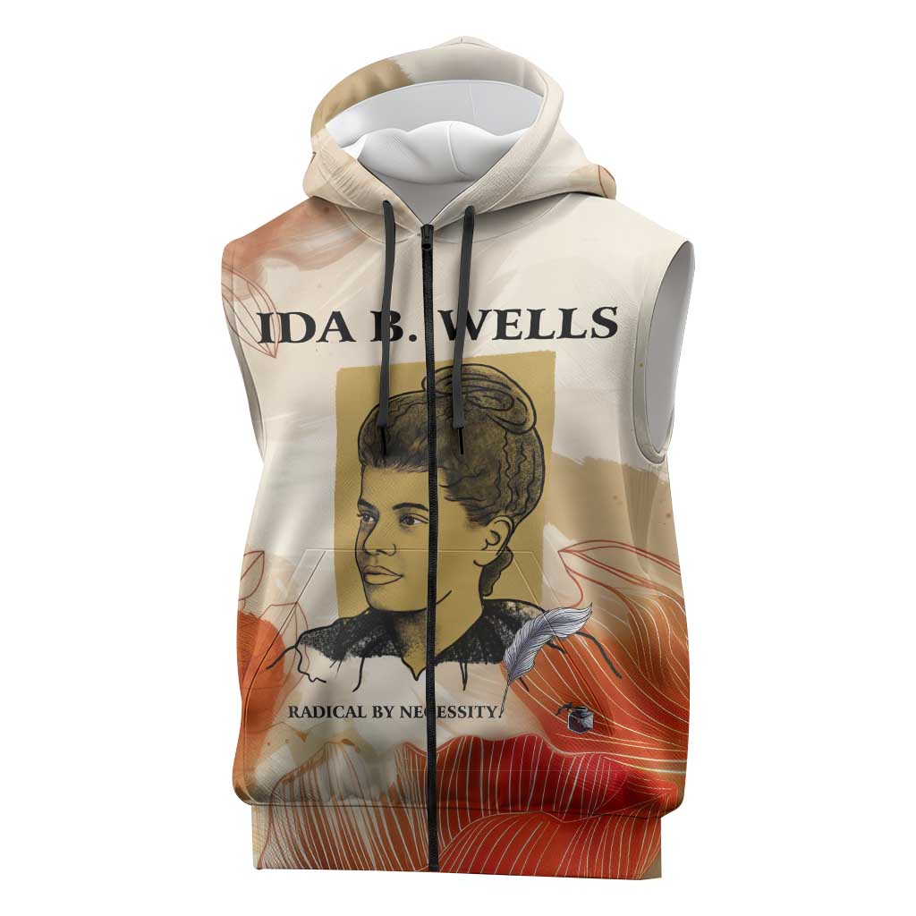 Ida B. Wells Sleeveless Zip Hoodie with Floral Pen Design Illustrated Portrait Civil Rights and Journalism Tribute - Wonder Print Shop