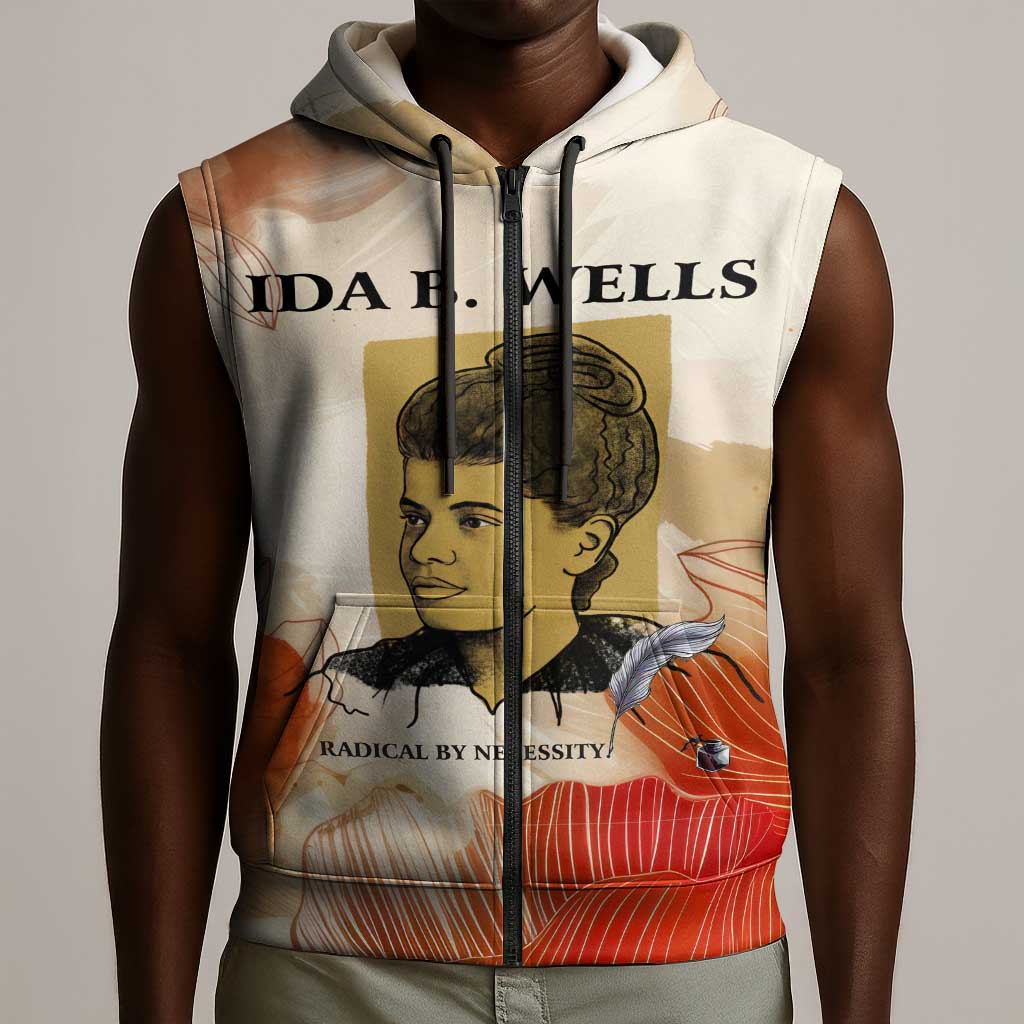 Ida B. Wells Sleeveless Zip Hoodie with Floral Pen Design Illustrated Portrait Civil Rights and Journalism Tribute - Wonder Print Shop