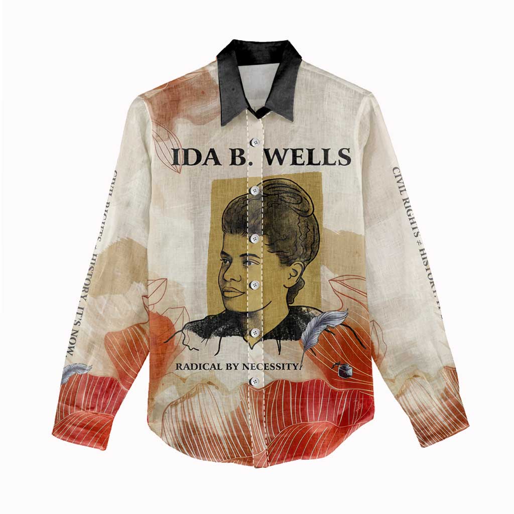 Ida B. Wells Women Casual Shirt with Floral Pen Design Illustrated Portrait Civil Rights and Journalism Tribute - Wonder Print Shop