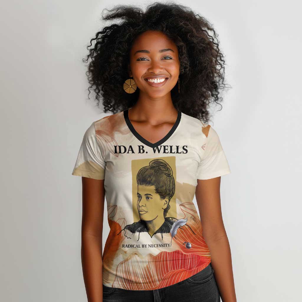 Ida B. Wells Women V-Neck T-Shirt with Floral Pen Design Illustrated Portrait Civil Rights and Journalism Tribute - Wonder Print Shop