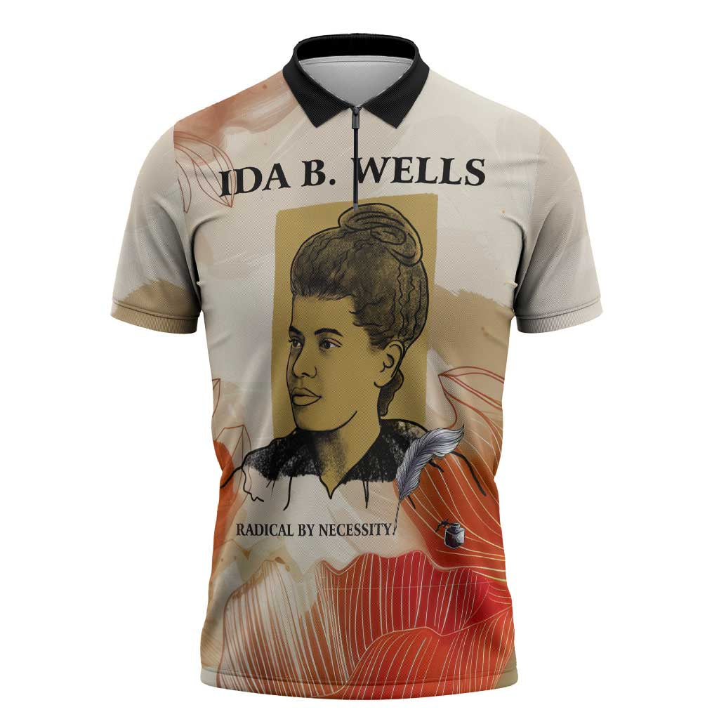 Ida B. Wells Zipper Polo Shirt with Floral Pen Design Illustrated Portrait Civil Rights and Journalism Tribute - Wonder Print Shop
