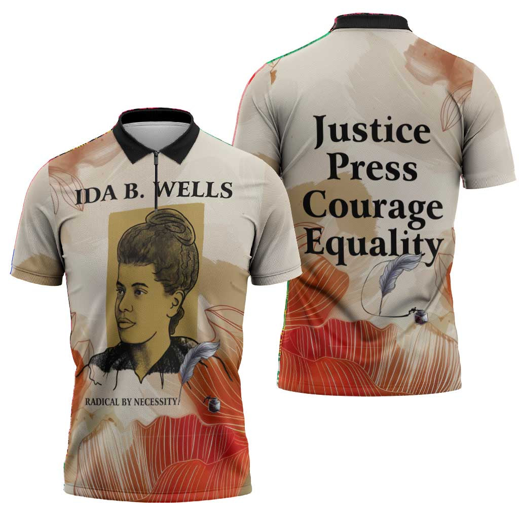 Ida B. Wells Zipper Polo Shirt with Floral Pen Design Illustrated Portrait Civil Rights and Journalism Tribute - Wonder Print Shop