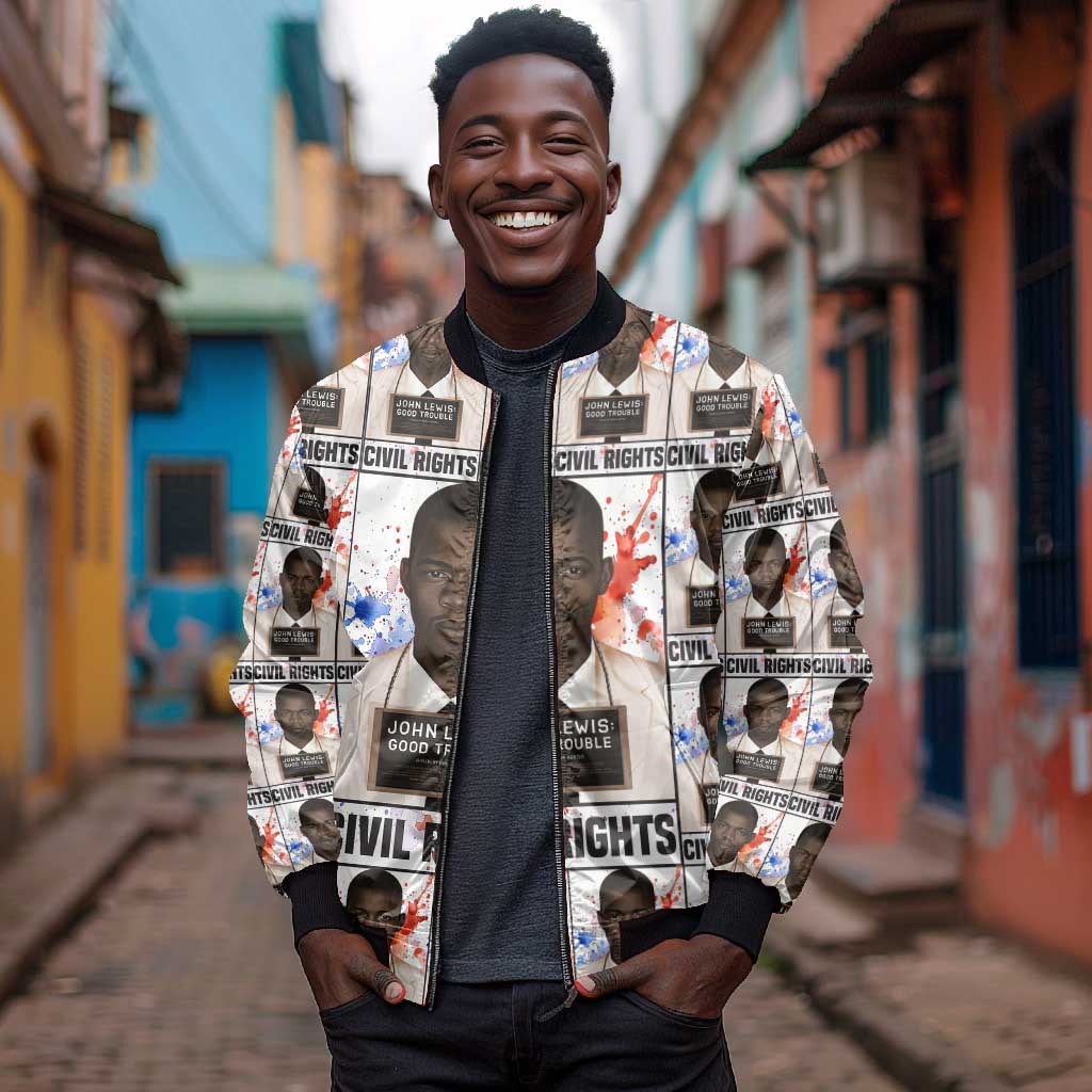 John Lewis Bomber Jacket with Mugshot Collage Design Civil Rights Portrait Good Trouble Tribute - Wonder Print Shop