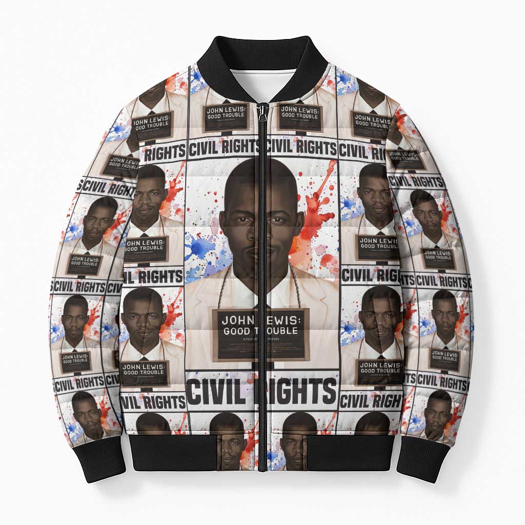 John Lewis Bomber Puffer Jacket with Mugshot Collage Design Civil Rights Portrait Good Trouble Tribute - Wonder Print Shop