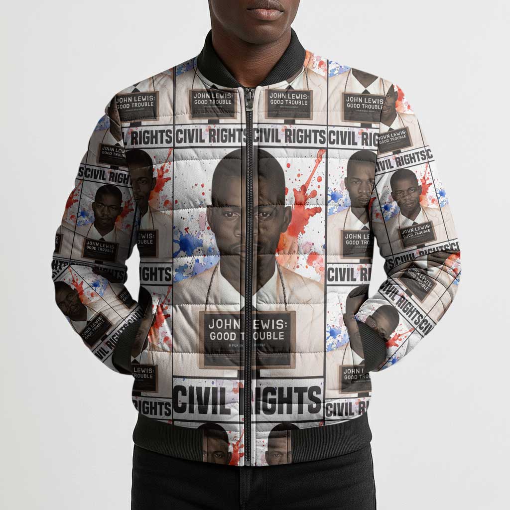 John Lewis Bomber Puffer Jacket with Mugshot Collage Design Civil Rights Portrait Good Trouble Tribute - Wonder Print Shop