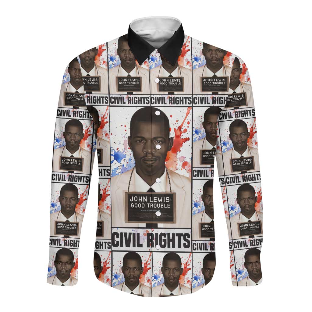John Lewis Long Sleeve Button Shirt with Mugshot Collage Design Civil Rights Portrait Good Trouble Tribute - Wonder Print Shop