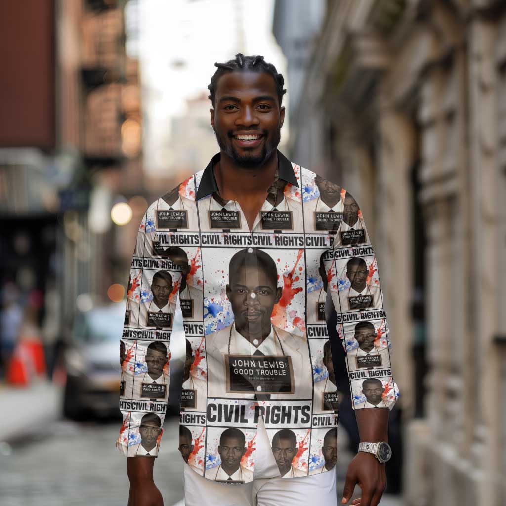 John Lewis Long Sleeve Button Shirt with Mugshot Collage Design Civil Rights Portrait Good Trouble Tribute - Wonder Print Shop