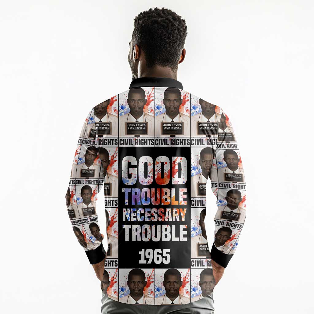 John Lewis Long Sleeve Polo Shirt with Mugshot Collage Design Civil Rights Portrait Good Trouble Tribute - Wonder Print Shop