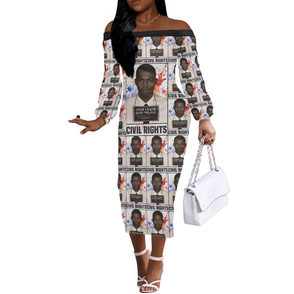 John Lewis Off The Shoulder Long Sleeve Dress with Mugshot Collage Design Civil Rights Portrait Good Trouble Tribute - Wonder Print Shop