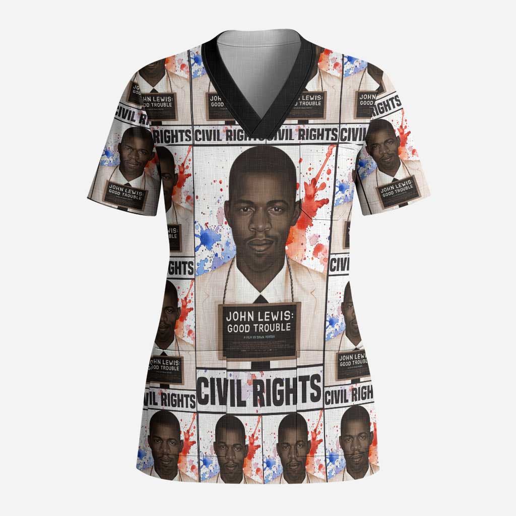 John Lewis Scrub Top with Mugshot Collage Design Civil Rights Portrait Good Trouble Tribute - Wonder Print Shop