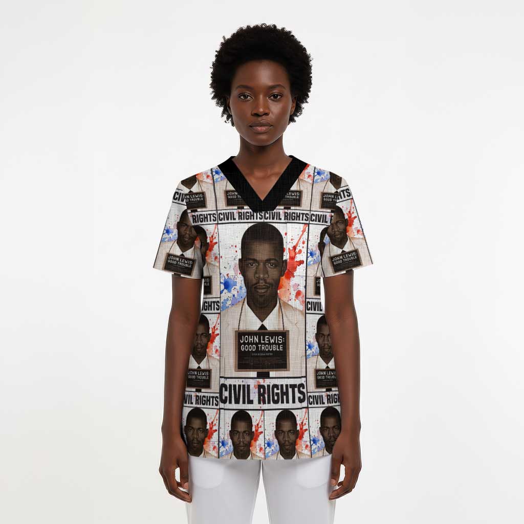 John Lewis Scrub Top with Mugshot Collage Design Civil Rights Portrait Good Trouble Tribute - Wonder Print Shop