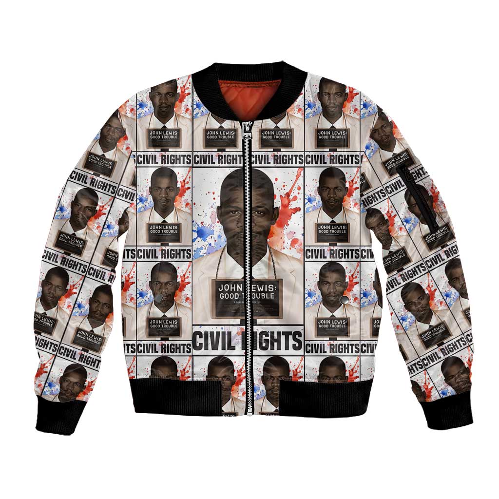 John Lewis Sleeve Zip Bomber Jacket with Mugshot Collage Design Civil Rights Portrait Good Trouble Tribute - Wonder Print Shop