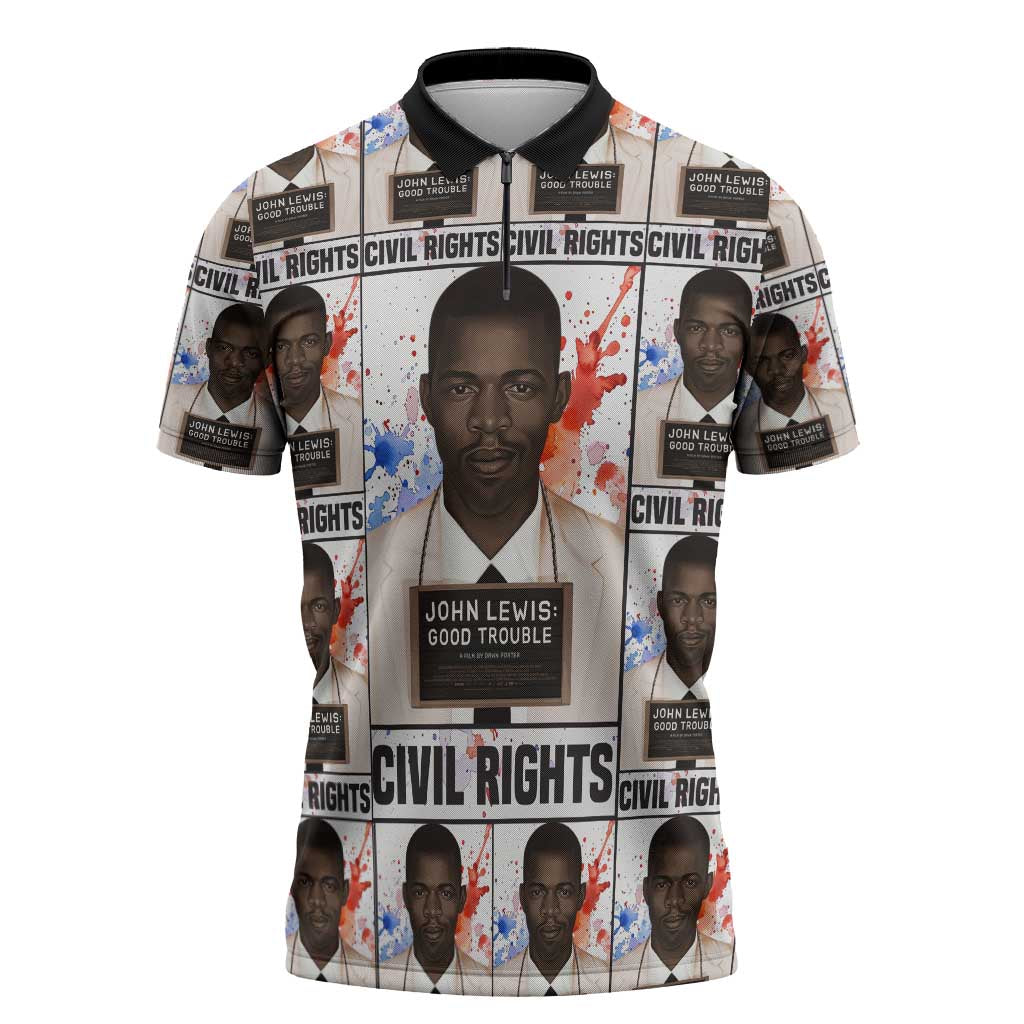 John Lewis Zipper Polo Shirt with Mugshot Collage Design Civil Rights Portrait Good Trouble Tribute - Wonder Print Shop