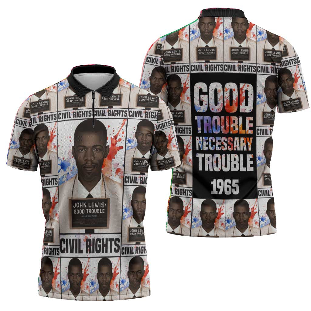 John Lewis Zipper Polo Shirt with Mugshot Collage Design Civil Rights Portrait Good Trouble Tribute - Wonder Print Shop
