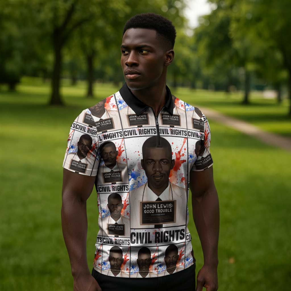 John Lewis Zipper Polo Shirt with Mugshot Collage Design Civil Rights Portrait Good Trouble Tribute - Wonder Print Shop