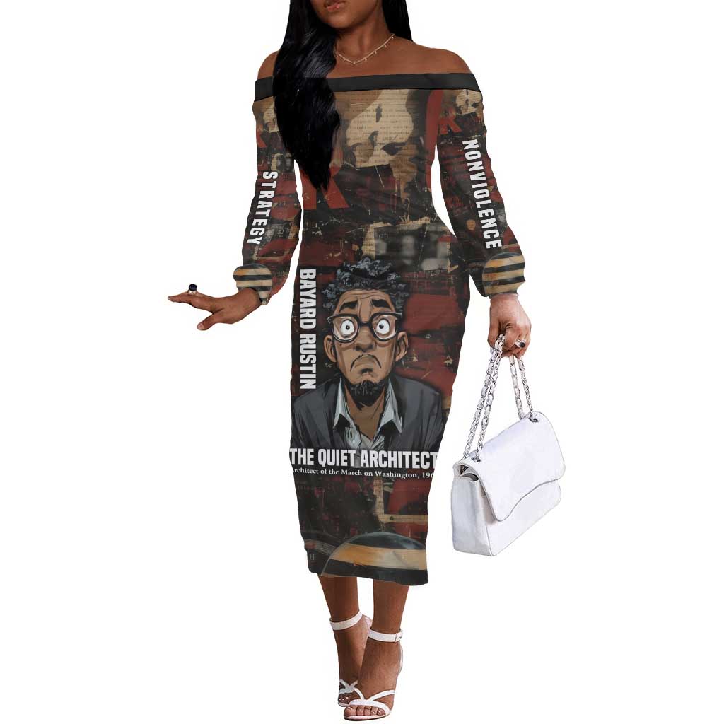 Bayard Rustin Off The Shoulder Long Sleeve Dress with Quiet Architect Design Strategy and Courage Civil Rights Tribute - Wonder Print Shop