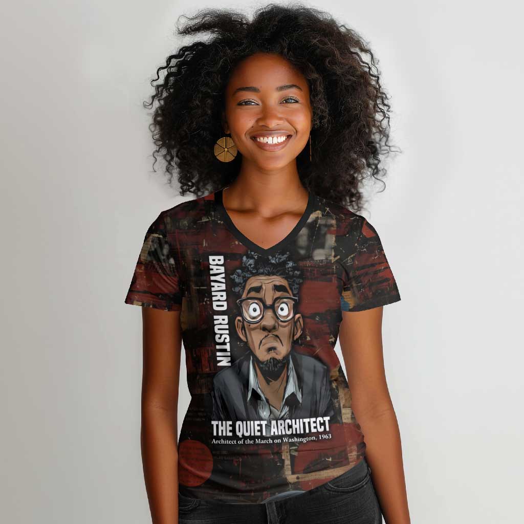 Bayard Rustin Women V-Neck T-Shirt with Quiet Architect Design Strategy and Courage Civil Rights Tribute - Wonder Print Shop