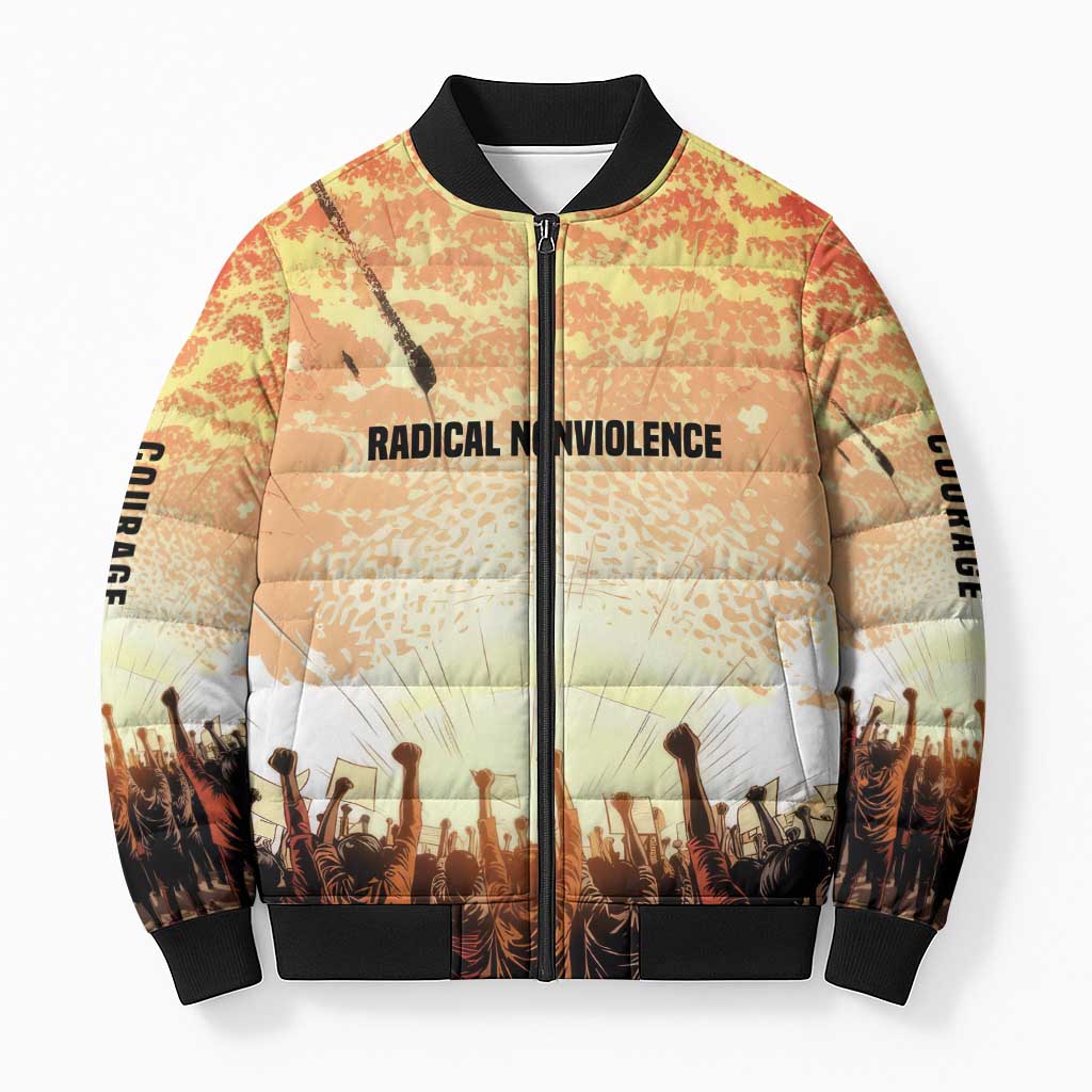 Bayard Rustin Bomber Puffer Jacket with Radical Nonviolence Design Protest Crowd and Courage Civil Rights Tribute - Wonder Print Shop