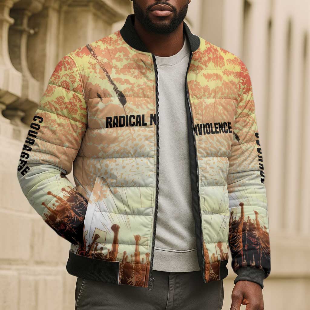 Bayard Rustin Bomber Puffer Jacket with Radical Nonviolence Design Protest Crowd and Courage Civil Rights Tribute - Wonder Print Shop