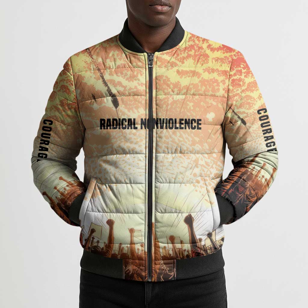 Bayard Rustin Bomber Puffer Jacket with Radical Nonviolence Design Protest Crowd and Courage Civil Rights Tribute - Wonder Print Shop