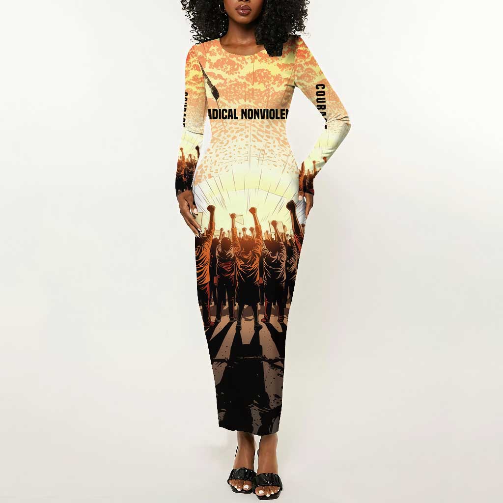 Bayard Rustin Long Sleeve Bodycon Dress with Radical Nonviolence Design Protest Crowd and Courage Civil Rights Tribute - Wonder Print Shop