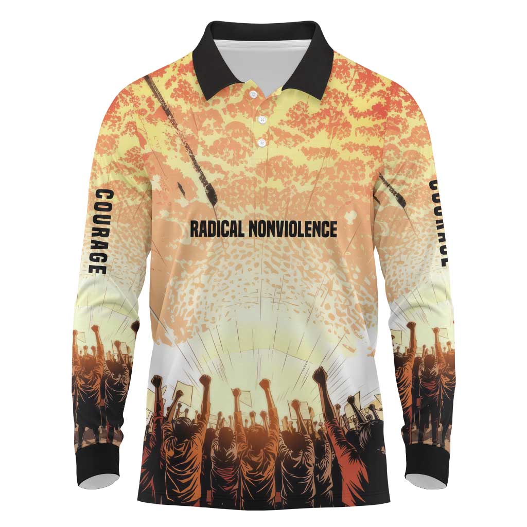 Bayard Rustin Long Sleeve Polo Shirt with Radical Nonviolence Design Protest Crowd and Courage Civil Rights Tribute - Wonder Print Shop