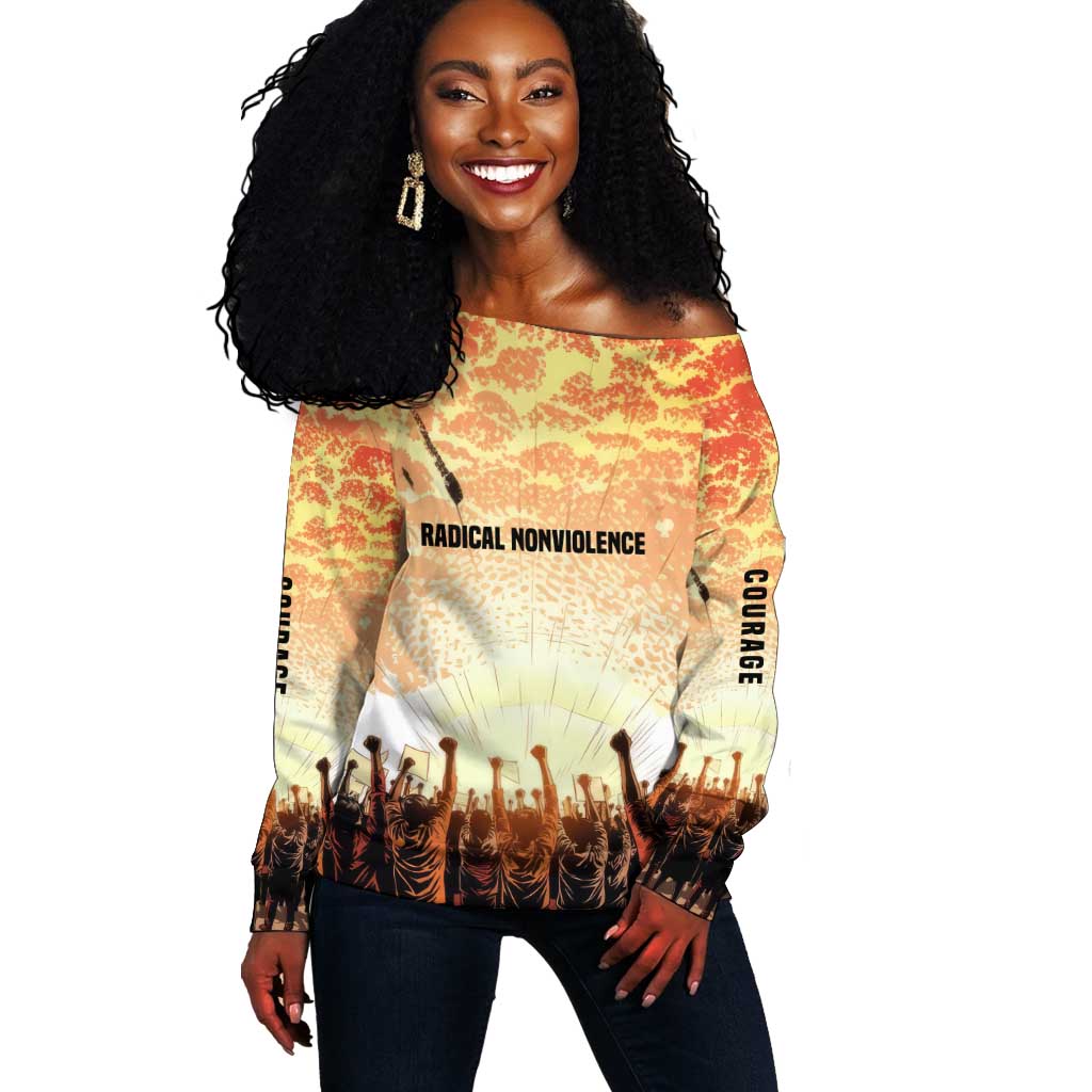 Bayard Rustin Off Shoulder Sweater with Radical Nonviolence Design Protest Crowd and Courage Civil Rights Tribute - Wonder Print Shop