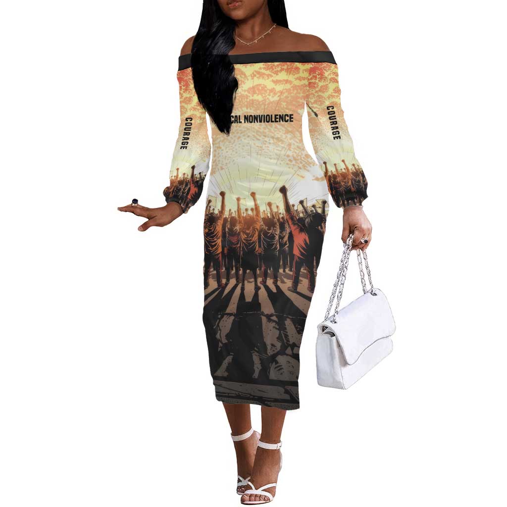 Bayard Rustin Off The Shoulder Long Sleeve Dress with Radical Nonviolence Design Protest Crowd and Courage Civil Rights Tribute - Wonder Print Shop