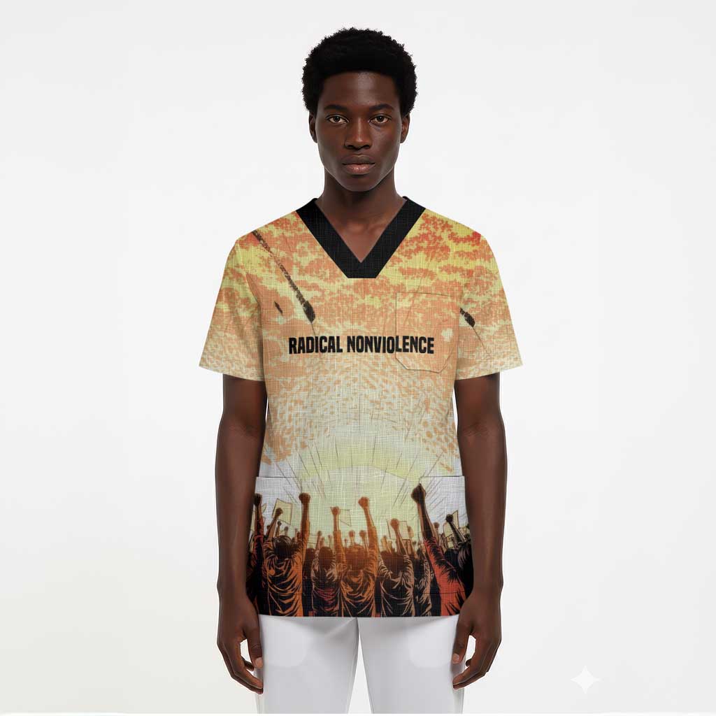 Bayard Rustin Scrub Top with Radical Nonviolence Design Protest Crowd and Courage Civil Rights Tribute - Wonder Print Shop