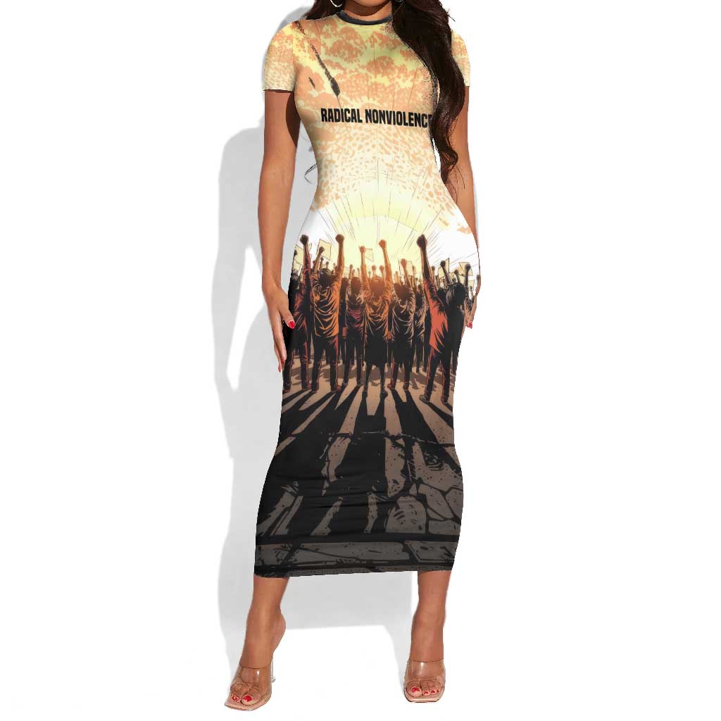 Bayard Rustin Short Sleeve Bodycon Dress with Radical Nonviolence Design Protest Crowd and Courage Civil Rights Tribute - Wonder Print Shop