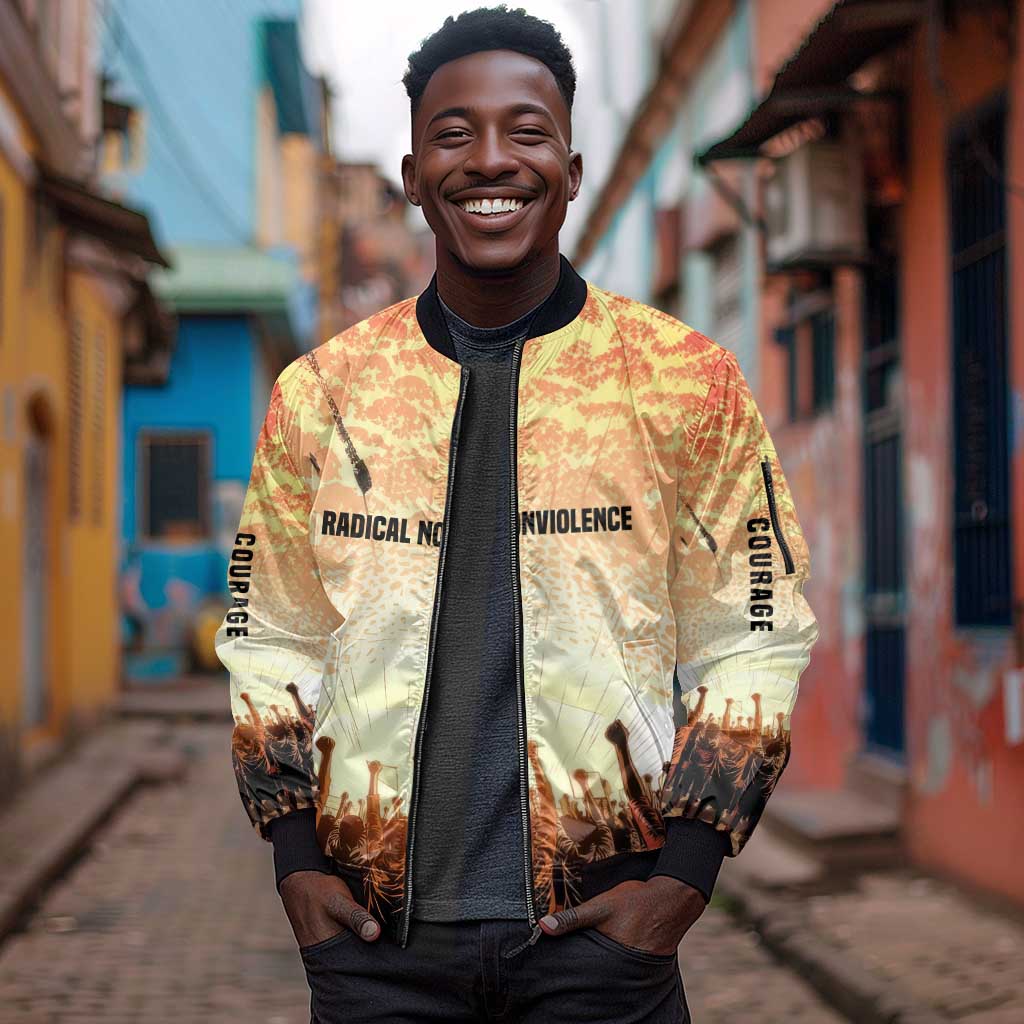 Bayard Rustin Sleeve Zip Bomber Jacket with Radical Nonviolence Design Protest Crowd and Courage Civil Rights Tribute - Wonder Print Shop