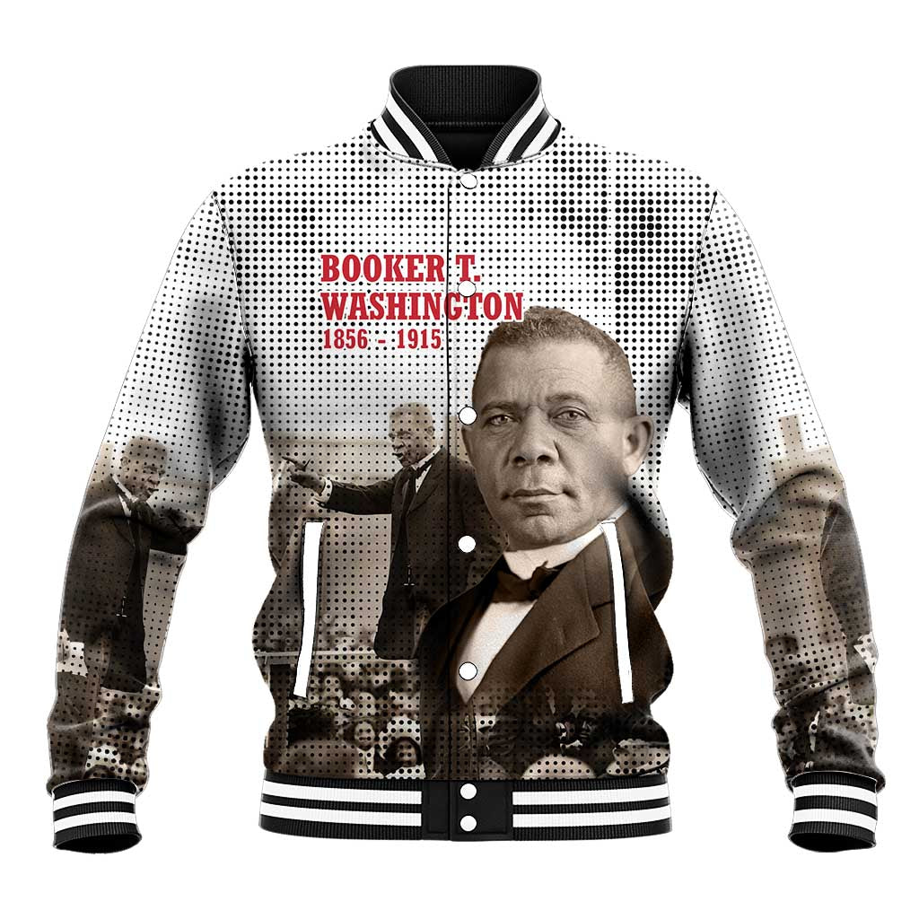 Booker T. Washington Baseball Jacket Halftone Portrait Design Tilling a Field Quote Historical Civil Rights Tribute - Wonder Print Shop