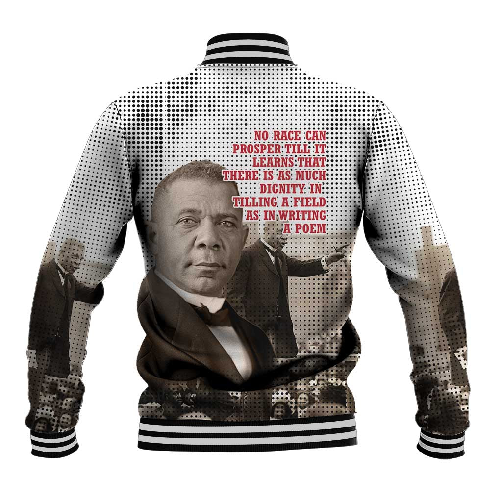 Booker T. Washington Baseball Jacket Halftone Portrait Design Tilling a Field Quote Historical Civil Rights Tribute - Wonder Print Shop