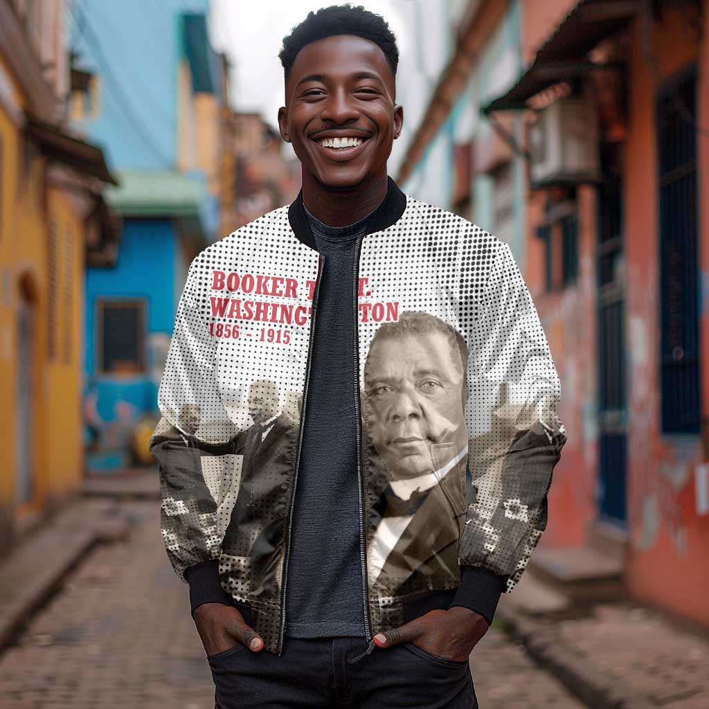 Booker T. Washington Bomber Jacket Halftone Portrait Design Tilling a Field Quote Historical Civil Rights Tribute - Wonder Print Shop