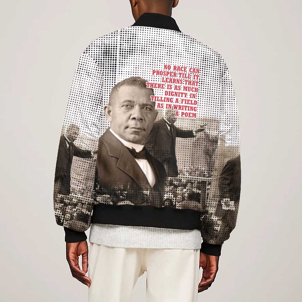 Booker T. Washington Bomber Jacket Halftone Portrait Design Tilling a Field Quote Historical Civil Rights Tribute - Wonder Print Shop